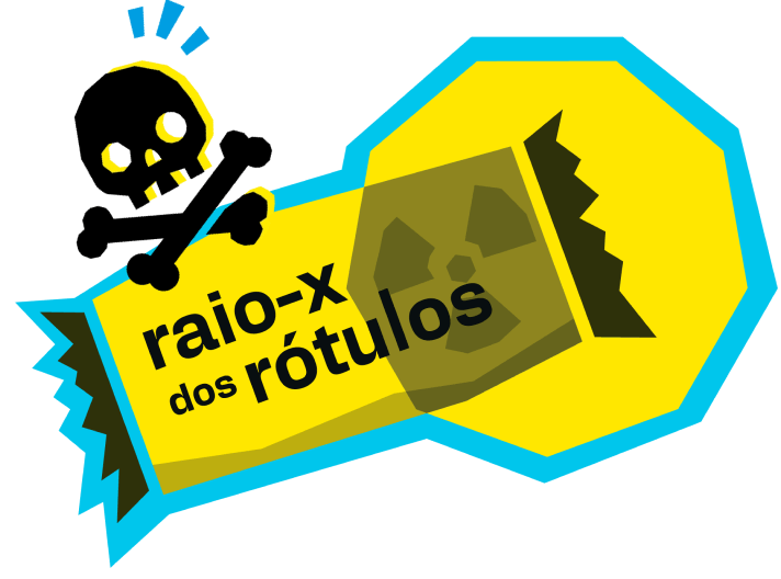 Ilustração de um rótulo com contorno azul e amarelo, mostrando um símbolo de caveira com ossos cruzados e um sinal de alerta. Texto central em preto: 'raio-x dos rótulos'